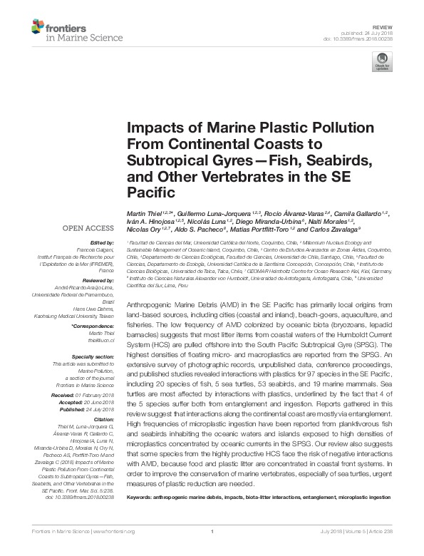 Impacts of Marine Plastic Pollution From Continental Coast to Subtropical Gyres (...) in the SE Pacific
