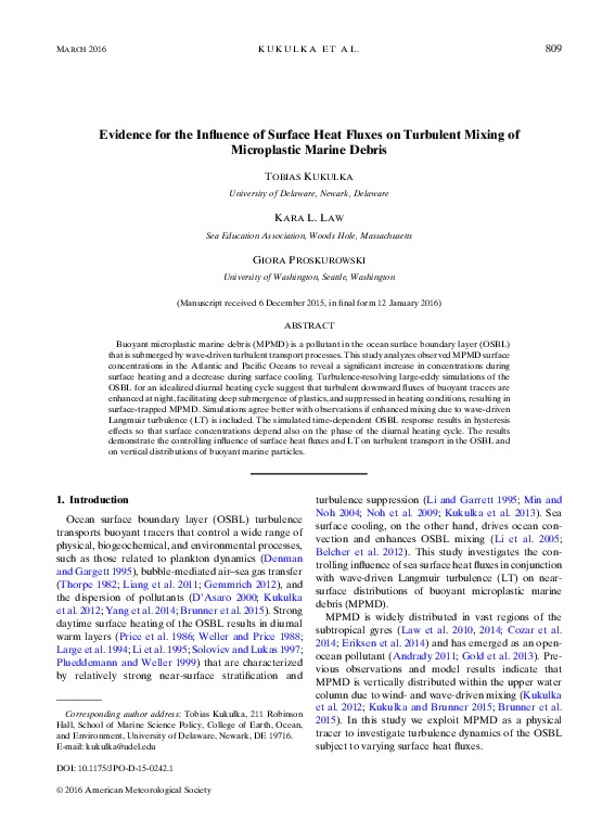 Evidence for the Influence of Surface Heat Fluxes on Turbulent Mixing of Microplastic Marine Debris