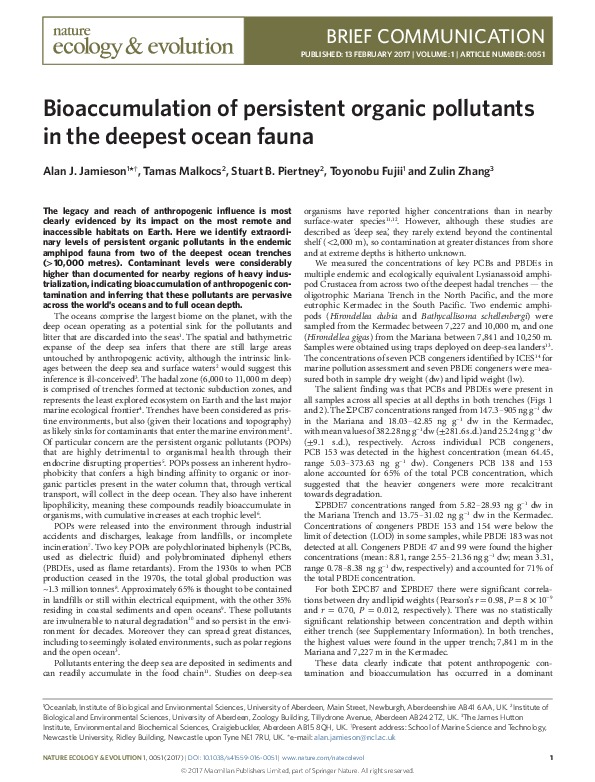 Bioaccumulation of persistent organic pollutants in the deepest ocean fauna