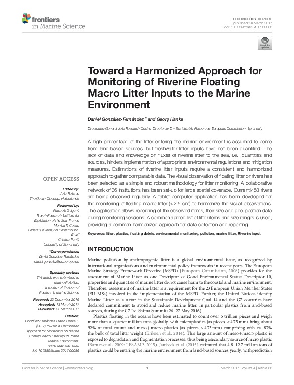 Toward a harmonized approach for monitoring of riverine floating macro litter inputs to the marine environment.