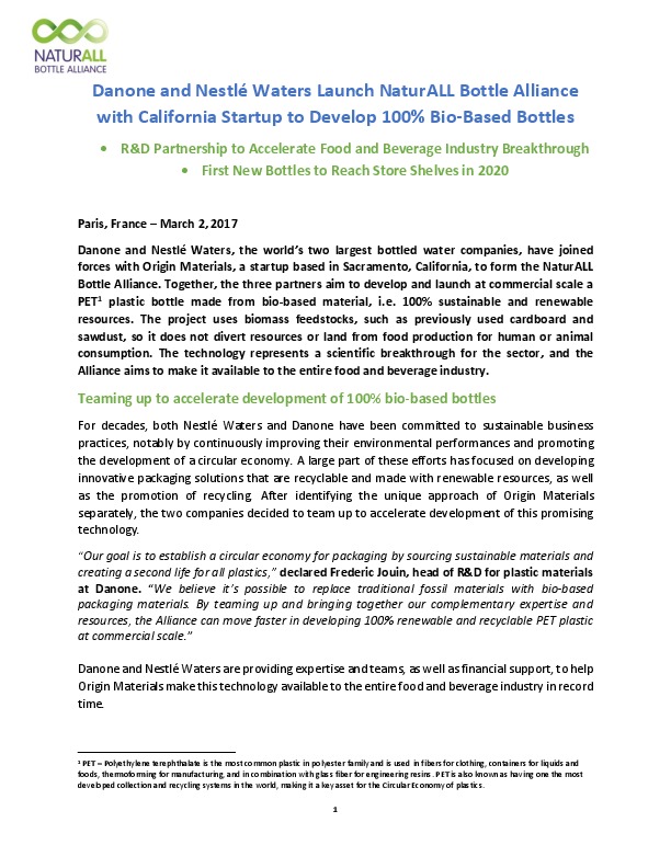 NaturALL Bottle Alliance to Develop 100% Bio-Based Bottles
